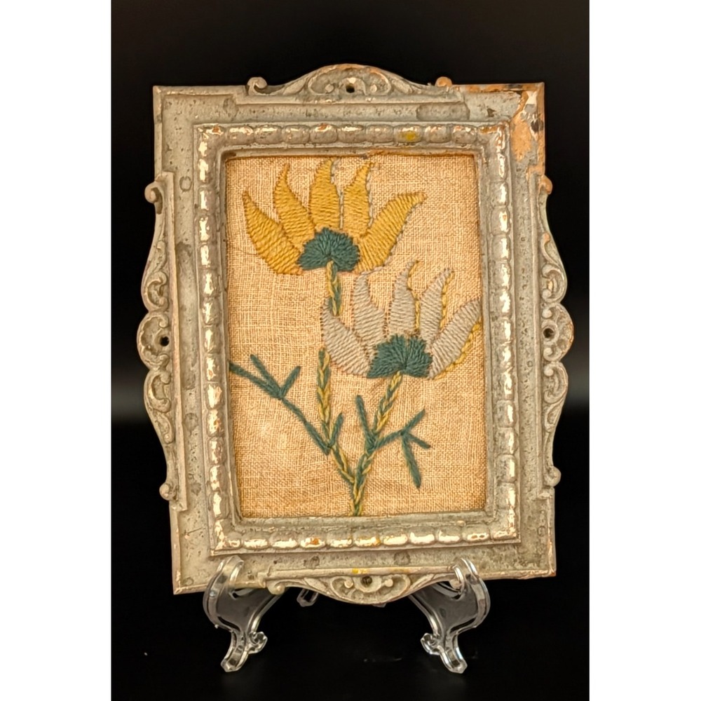 Vintage Handmade Floral Embroidery Framed Needlework Folk Art Flowers 5x7